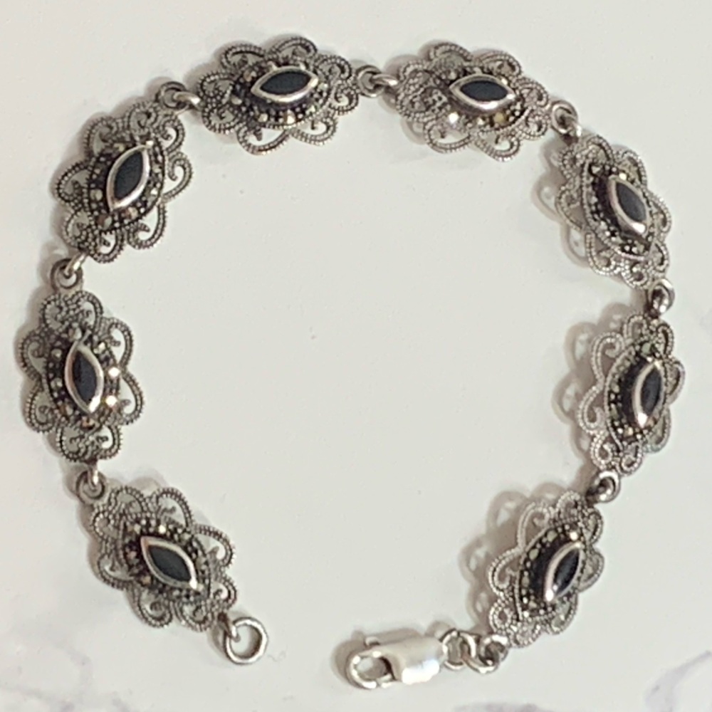Antique / Vintage 925 Sterling Silver Marcasite Onyx Art Deco Bracelet  size 7.1